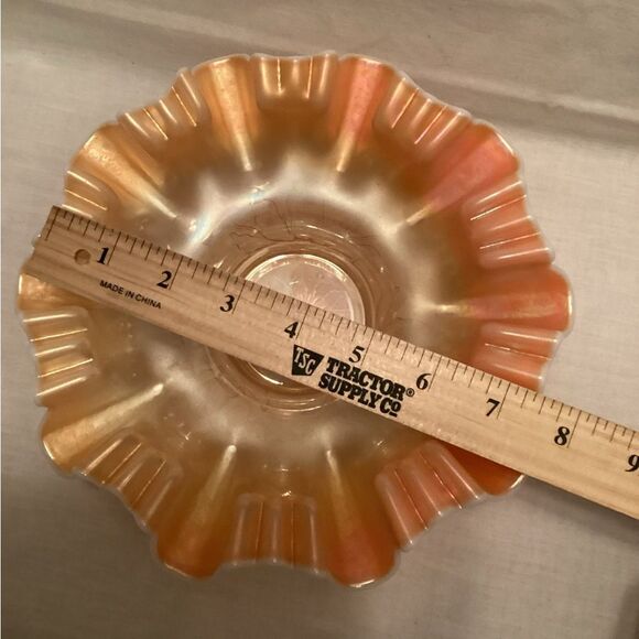 Carnival Glass Vintage Iridescent Ruffled Glass Bowl Floral Design Impressed - Picture 9 of 10